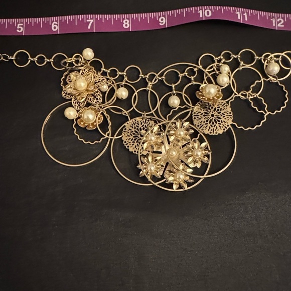 Gold Floral Statement Necklace with Pearl Accents - Picture 4 of 7